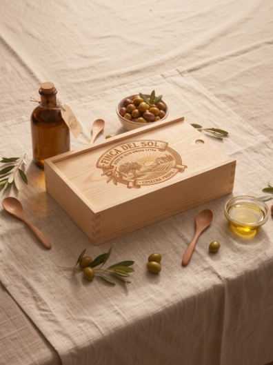 aja de madera con grabado láser Finca del Sol para aceite de oliva virgen extra